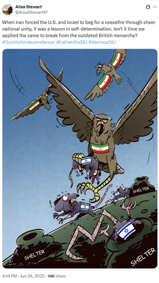 کاربری به نام آلیسا استوارت که خود را «با افتخار یک اسکاتلندی» و «در حال کشف زیبایی اسلام» معرفی کرده یکی از اکانتهای جعلی منتسب به ارتش سایبری جمهوری اسلامی است