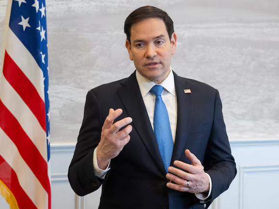 US Secretary of State Marco Rubio speaks to the media during a refueling stop at Shannon Airport in Shannon, Ireland, March 12, 2025, as he travels from talks with Ukraine in Saudi Arabia to attending a G7 Foreign Ministers meeting in Canada.