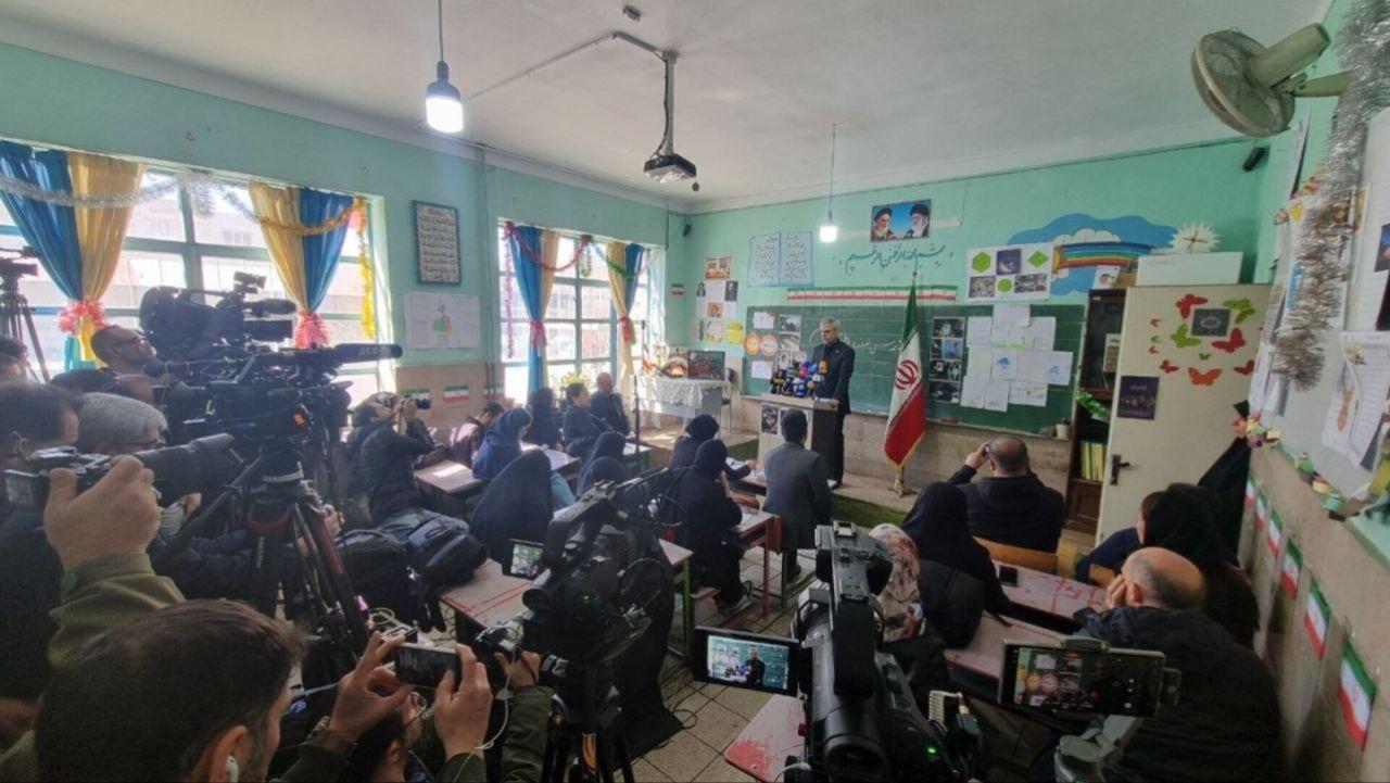 Iran’s foreign ministry spokesperson Esmail Baghaei during a press conference inside a classroom in Tehran on March 3, 2026 