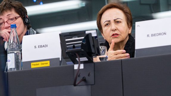 Iranian Nobel Peace Prize laureate Shirin Ebadi during a meeting about the women-led uprising in Iran at the European Parliament in Strasbourg (March 15, 2023)