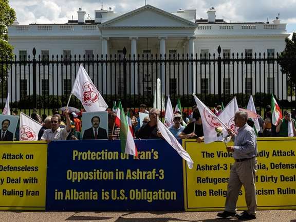 Iranian Opposition supporters call for US support outside of the White House in Washington DC on June 24, 2023.