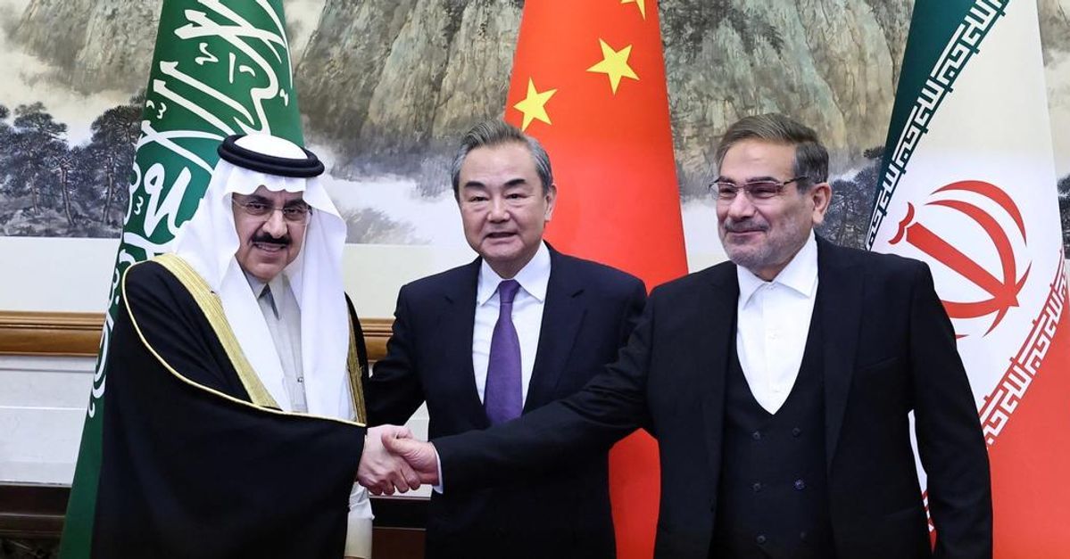 Wang Yi, China’s chief diplomat, Ali Shamkhani (R), Iran’s national security chief, and Saudi representative Musaad bin Mohammed Al Aiban in Beijing, March 10, 2023