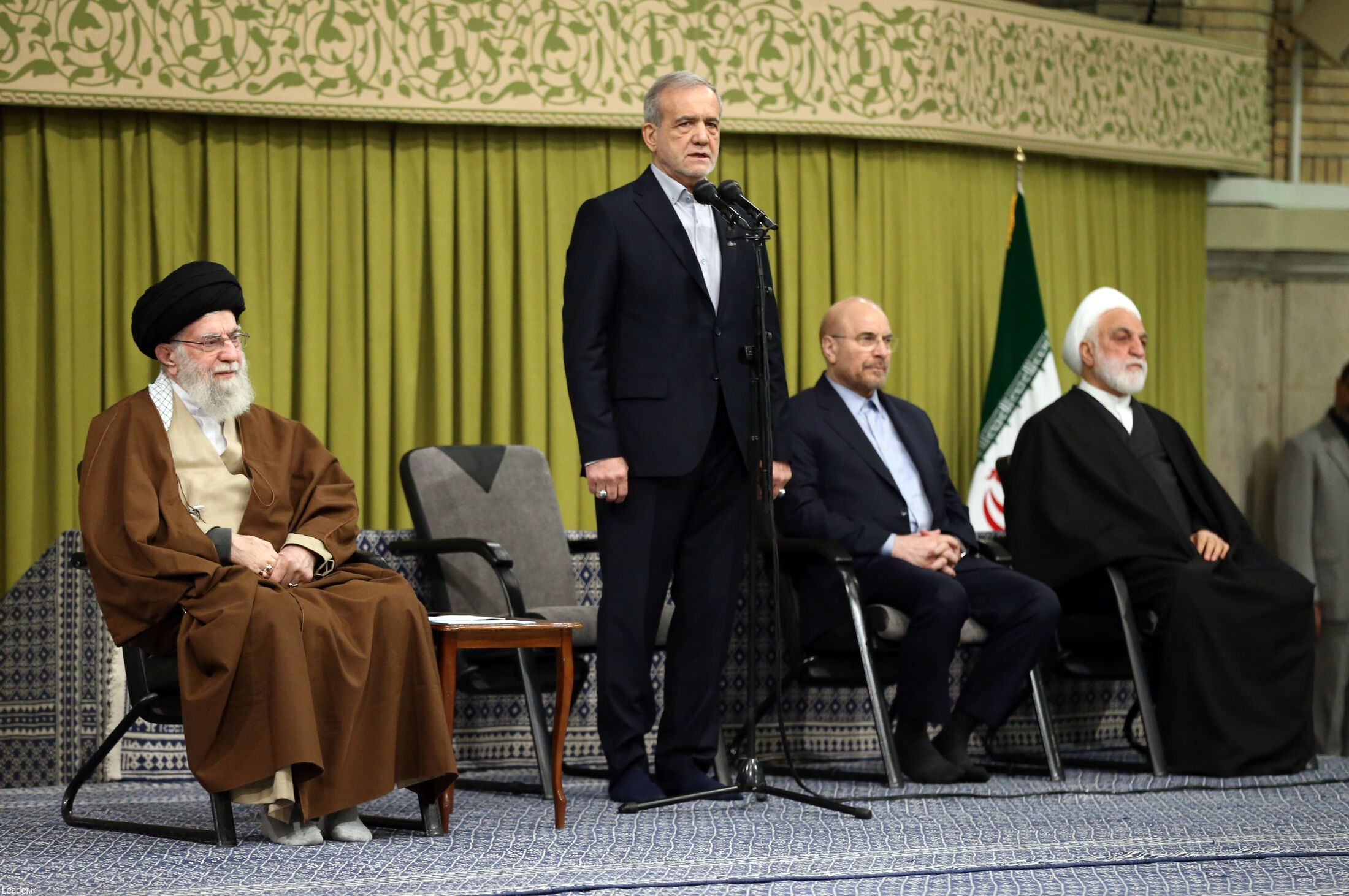 Iran's Supreme Leader Ali Khamenei (left), President Masoud Pezeshkian, Parliament Speaker Mohammad-Bagher Ghalibaf and Judiciary Chief Mohseni Ejei (right)
