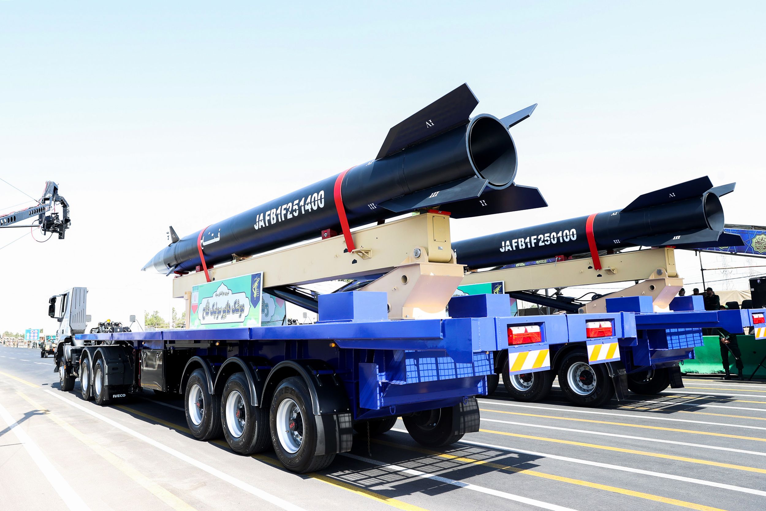 Fattah missiles on display during a military parade along with top military officials south of Tehran on September 22, 2023  