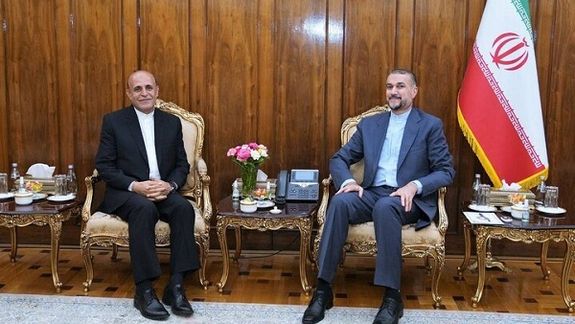 Iran’s new ambassador to Sweden Hojatollah Faghani (left) and Foreign Minister Hossein Amir-Abdollahian during a meeting in Tehran on July 1, 2023