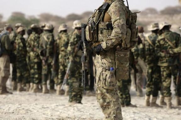 A US special forces soldier stands in front of Chadian soldiers during Flintlock 2015, an American-led military exercise, in Mao, February 22, 2015.