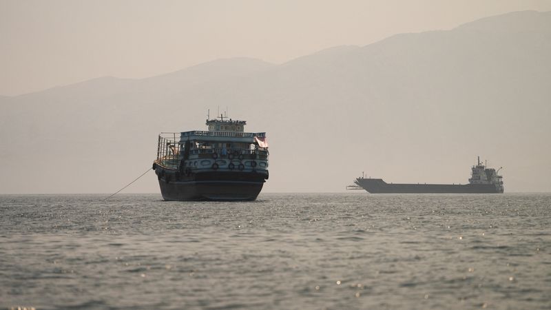 Vessels at the Strait of Hormuz, as seen from Musandam, Oman, June 22, 2026.