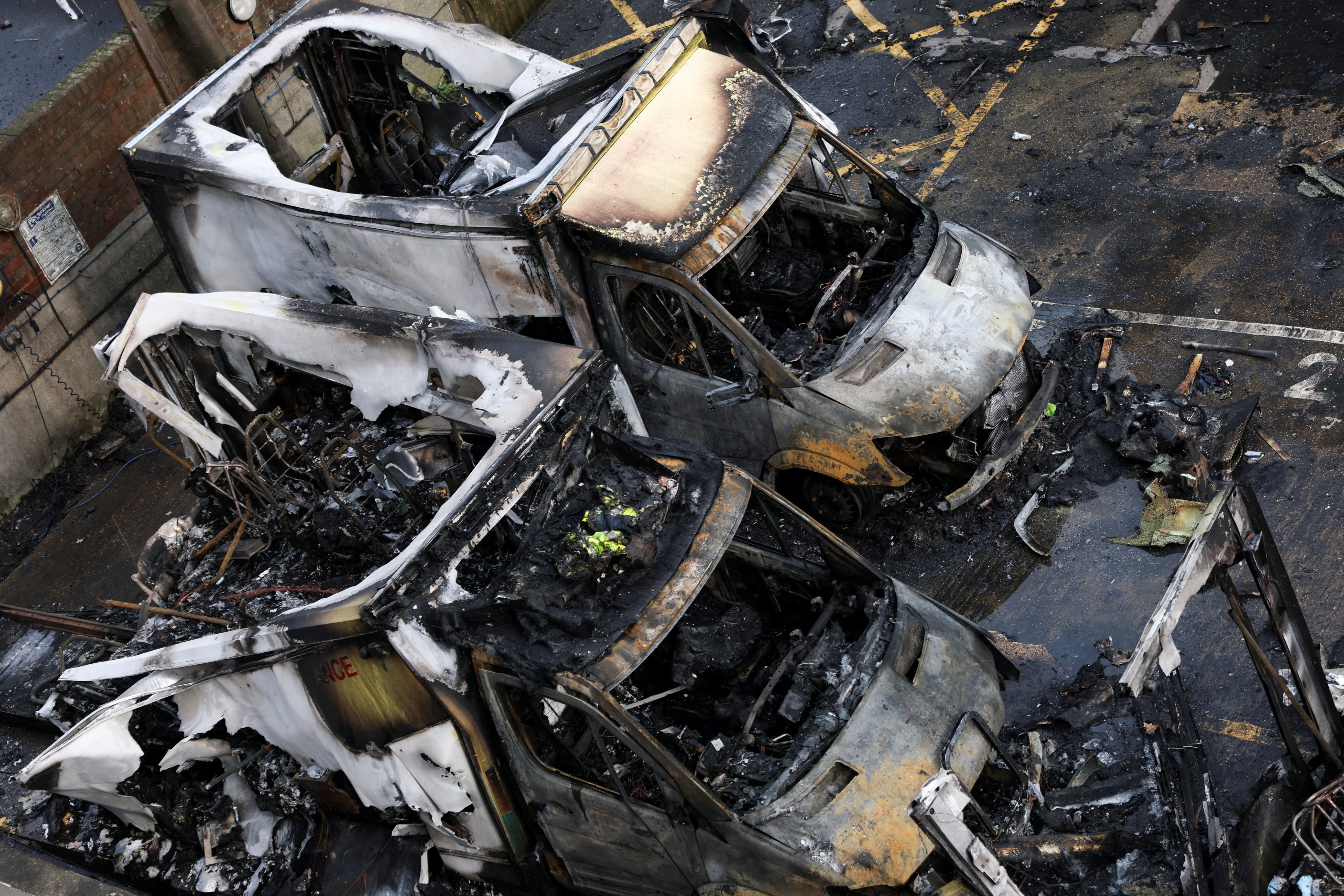 Charred remains of ambulances belonging to Hatzola, a Jewish community organisation, which were set on fire in an incident that the police say is being treated as an antisemitic hate crime, in northwest London, Britain, March 23, 2026.