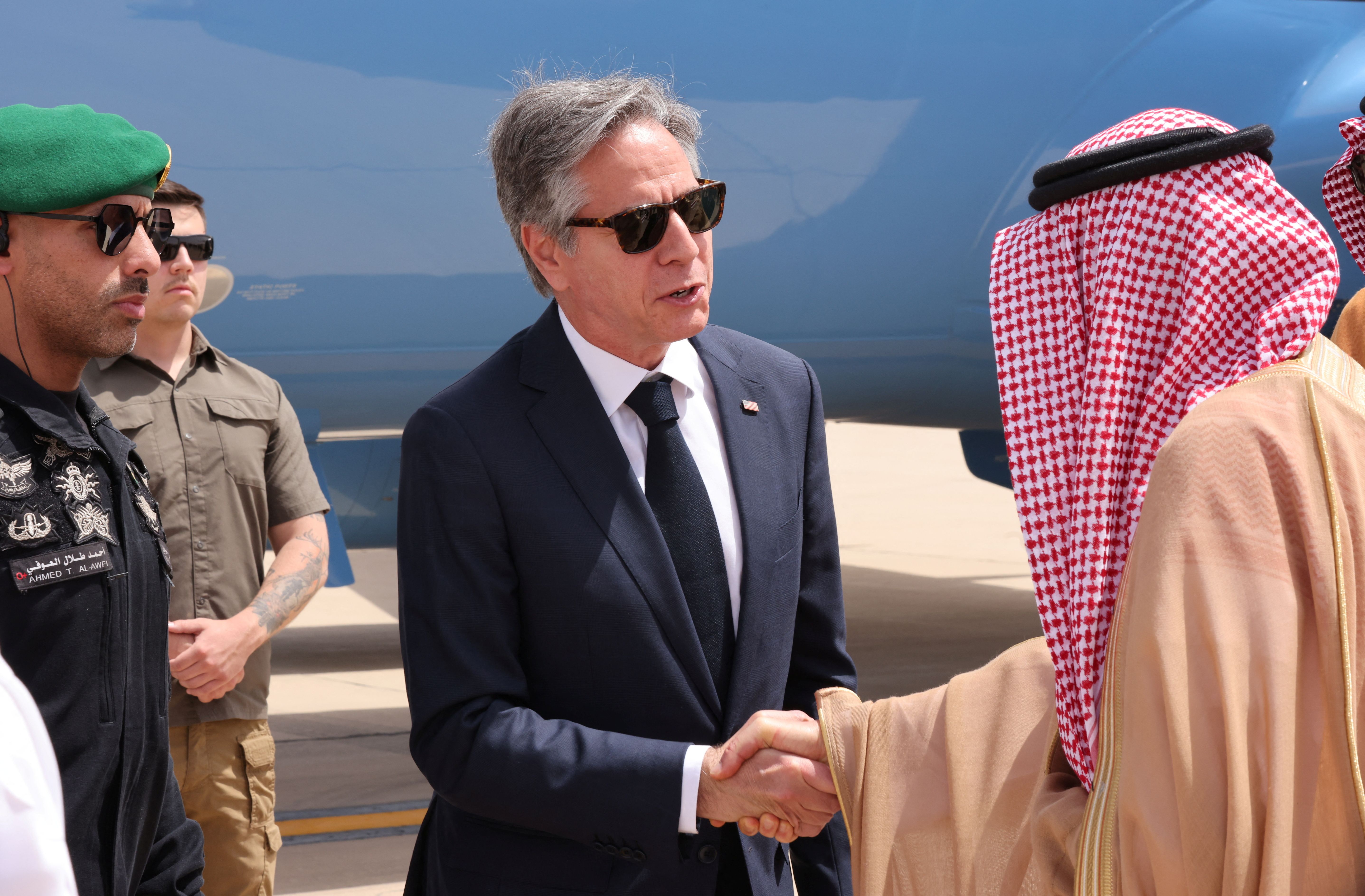 US Secretary of State Antony Blinken is greeted by Saudi officials at the King Khalid International Airport, Riyadh, Saudi Arabia, June 7, 2023. 