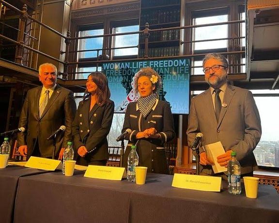 Iranian diaspora protest leaders, from L-R, Prince Reza Pahlavi, Nazanin Boniadi, Masih Alinejad and Hamed Esmaeilion meeting in Washington DC, February 10, 2023
