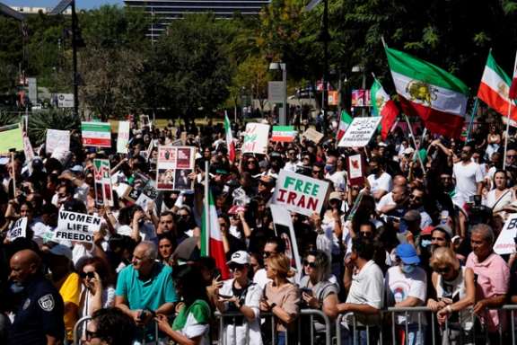 Demonstrators at a Freedom Rally for Iran, protesting outside City Hall in Los Angeles, October 1, 2022