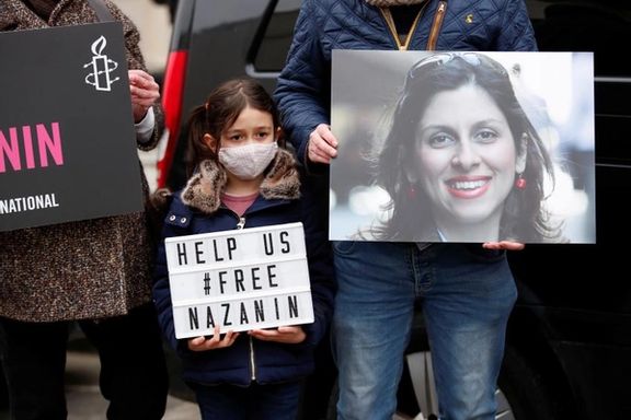 Nazanin Zaghari-Ratcliff's daughter picketing in London for her mother's release. Undated