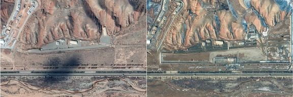 Satellite images show the Parchin military complex before Israeli strikes in October 2024 (left) and the site covered with concrete in January 2026 (right). Planet Labs PBC/Handout via REUTERS