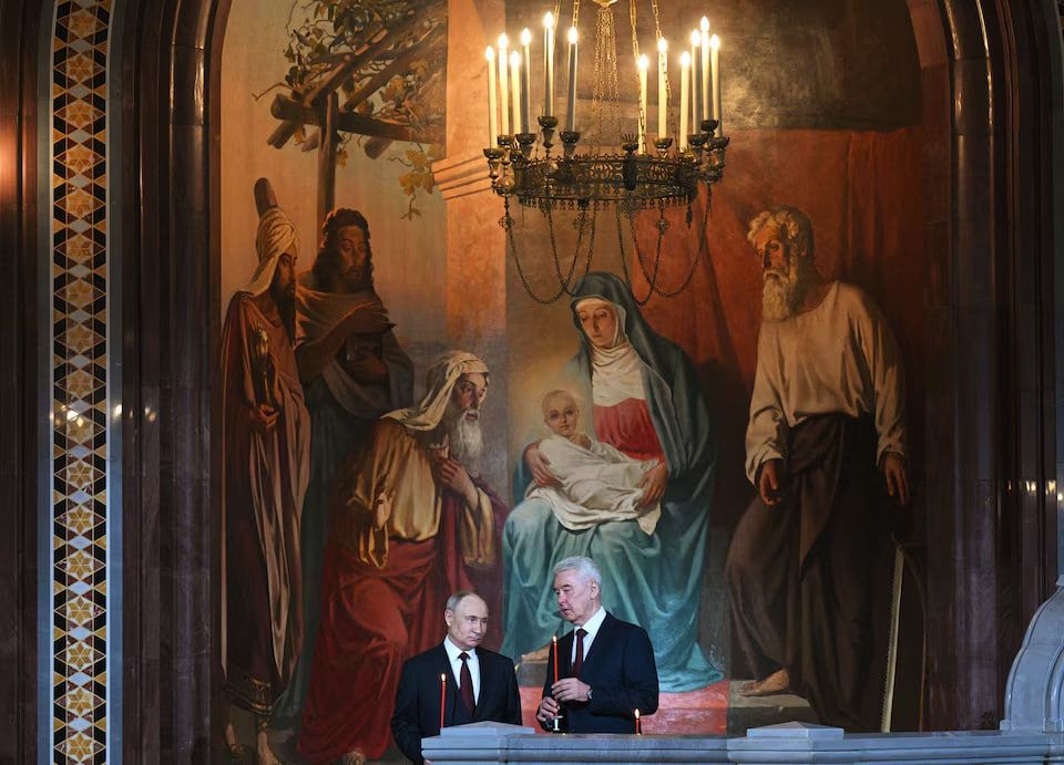 ولادیمیر پوتین و شهردار مسکو در مراسم عید پاک ارتدوکس