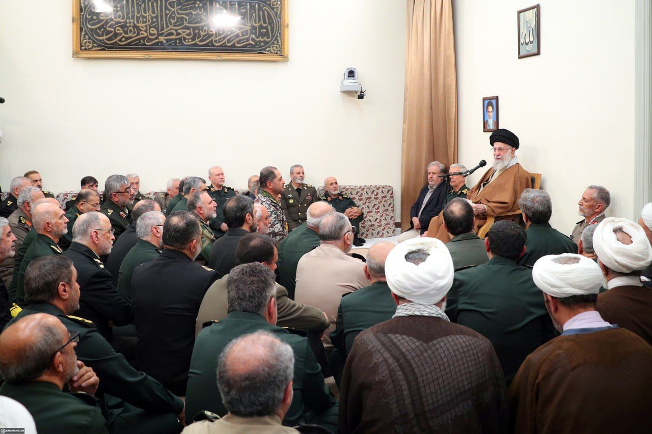 Iran's Supreme Leader Ali Khamenei during a meeting with senior military commanders and officials on April 13, 2025 