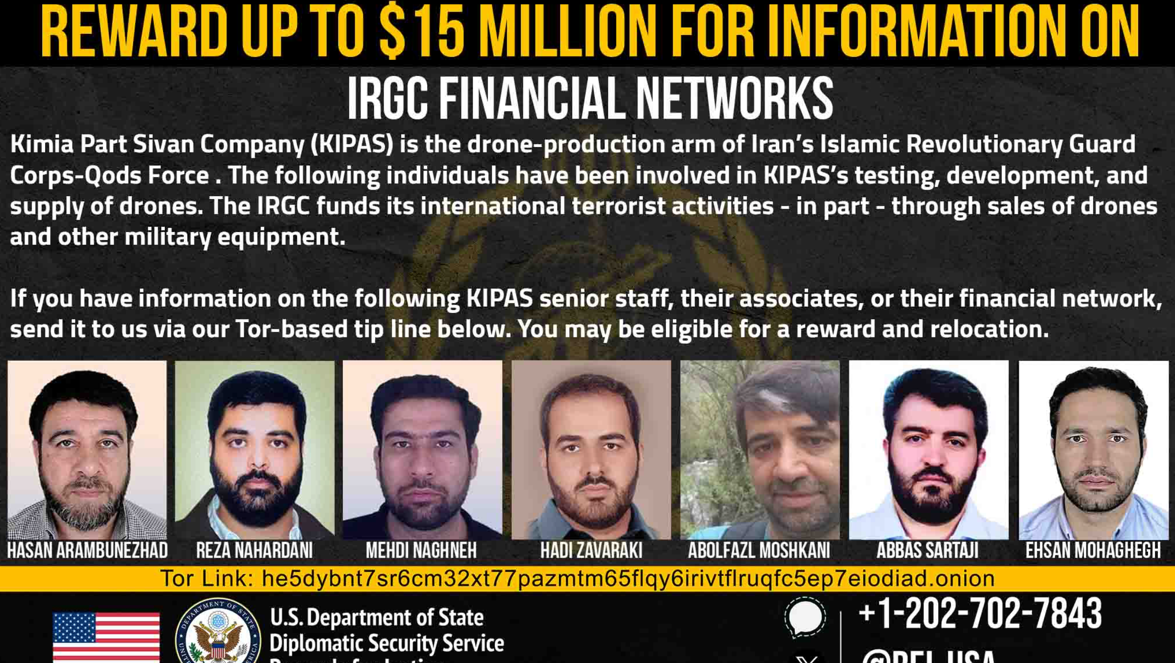 A poster released by the US State Department's Reward for Justice program, July 30, 2026