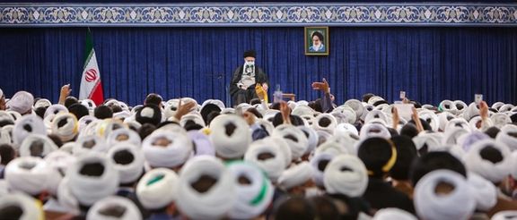 Iran’s Supreme Leader Ali Khamenei during a meeting with a group of clerics in Tehran on July 12, 2023