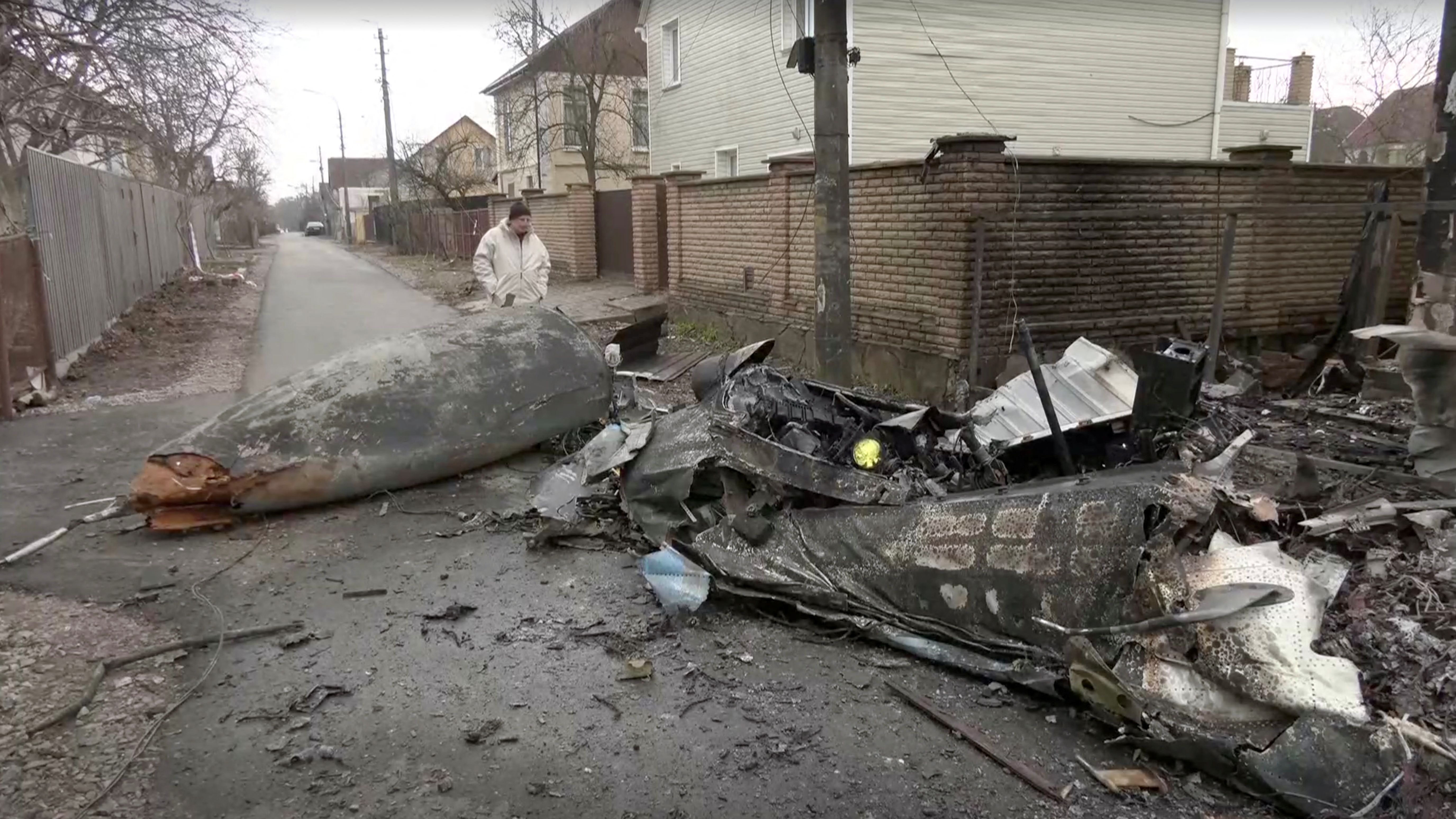 The wreckage of an unidentified plane in a residential area in Kiev. February 25, 2022