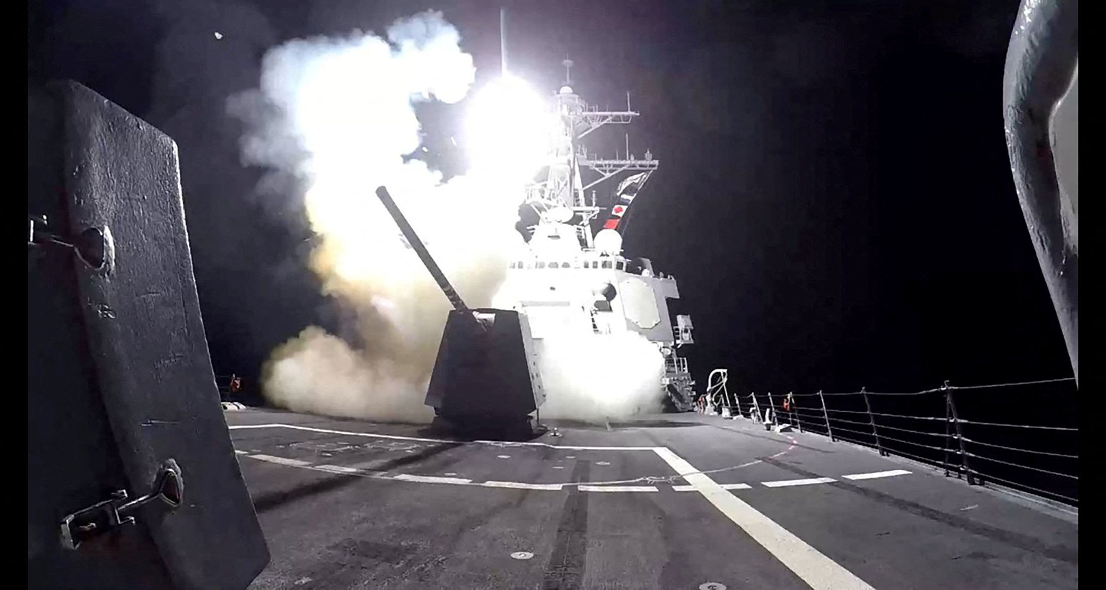 A Tomahawk land attack missile (TLAM) is launched from the US Navy Arleigh Burke-class guided missile destroyer USS Gravely against Houthi military targets in Yemen, February 3, 2024. 