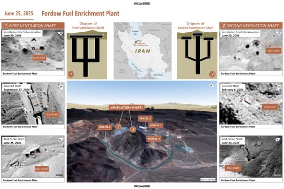 A graphic depicting Iran's Fordow Fuel Enrichment Plant is shown in this image released by the Pentagon in Washington, DC, on June 26, 2025. Courtesy of the US Department of Defense/Handout via REUTERS.