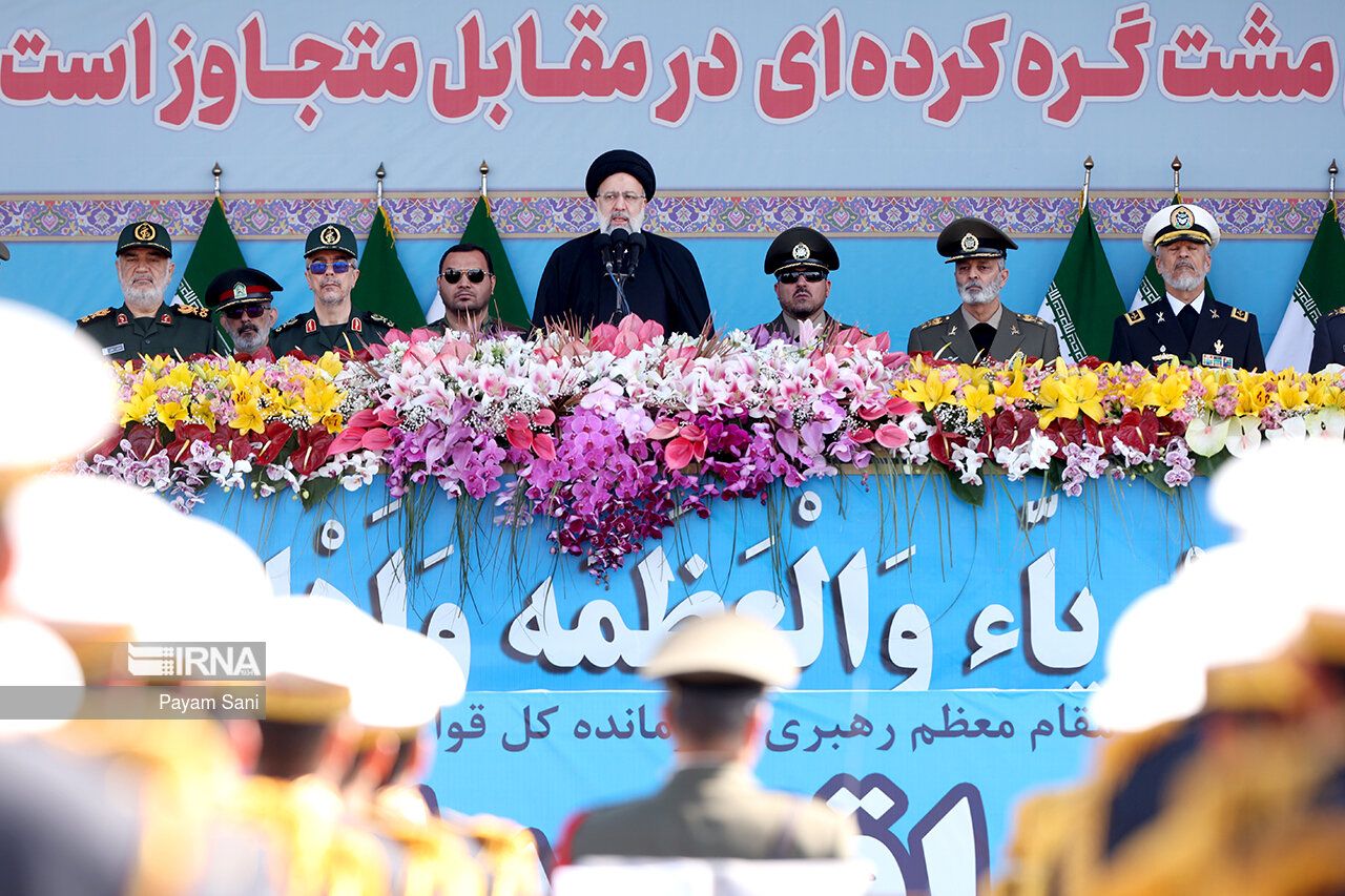 Iran's Ebrahim Raisi speaking at Army Day ceremonies on April 18, 2023