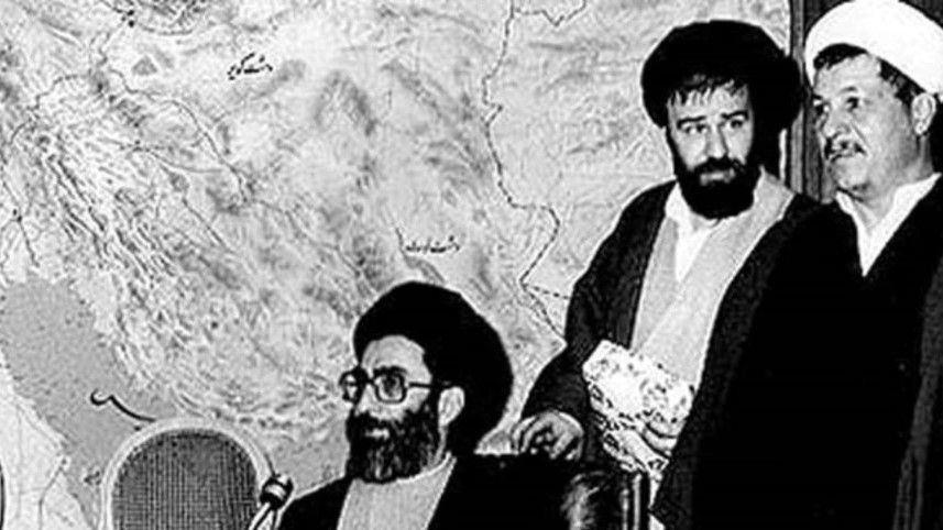 Khamenei in the 1980s with Khomeni's son Ahmad and Rafsanjani