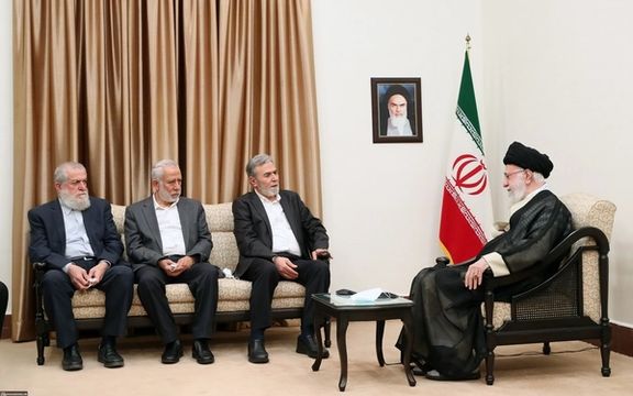 Secretary-General of the Palestinian Islamic Jihad resistance movement Ziad al-Nakhaleh (3rd from right) meets with Iran’s Supreme Leader Ali Khamenei in Tehran on June 14, 2023.