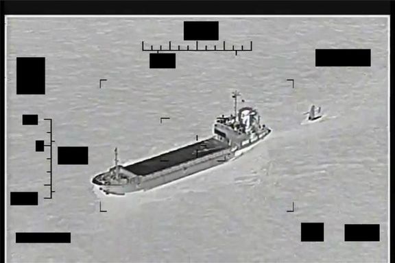 Screenshot of a video showing support ship Shahid Baziar (left) from Iran's Islamic Revolutionary Guard Corps Navy unlawfully towing a Saildrone Explorer unmanned surface vessel in international waters of the Persian Gulf on August 30, 2022 (US Navy photo)