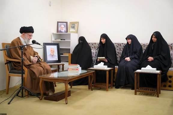 Iran's ruler Ali Khamenei during a meeting with the family of Qasem Soleimani, the former IRGC-Quds Force commander, in Tehran on December 31, 2023