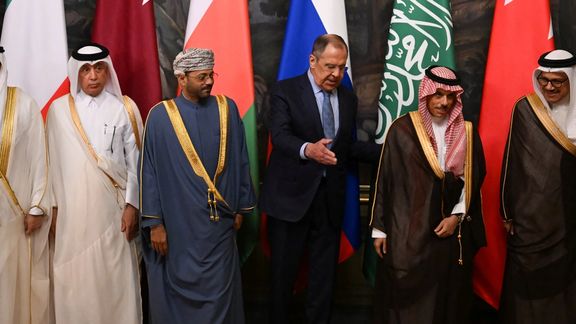 Russian Foreign Minister Sergei Lavrov leaves with his counterparts of the Persian Gulf Cooperation Council (GCC) after posing for a family photo prior to their meeting in Moscow on July 10, 2023.