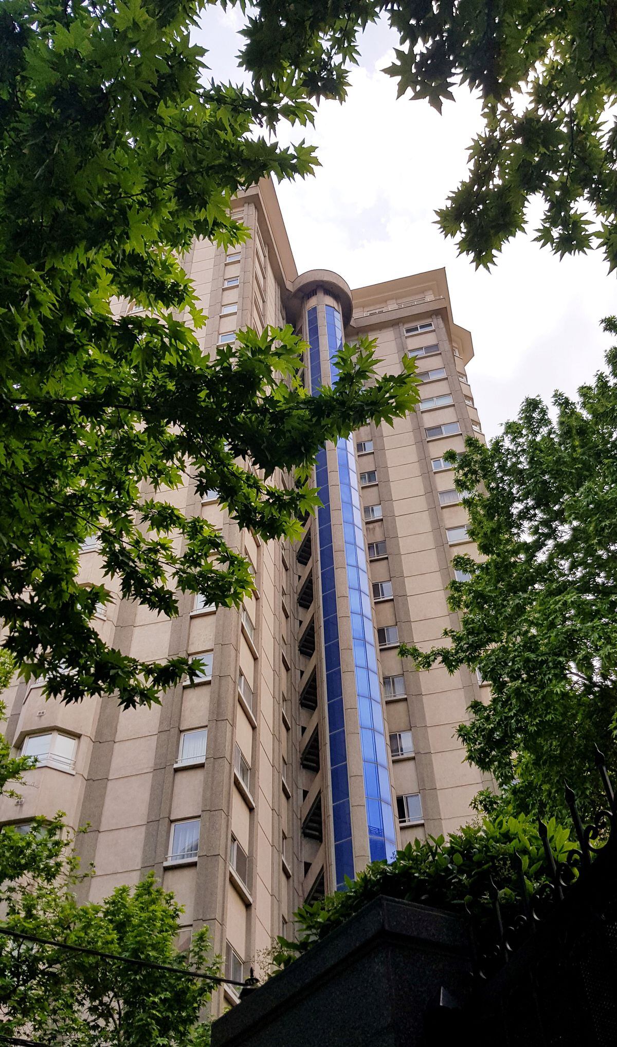 A view of the tower where the body of the Swiss embassy's first secretary was found in Tehran, May 4, 2021