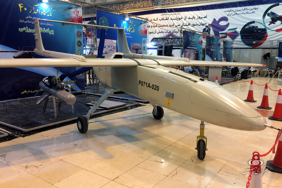 A Mohajer-6 Iranian drone shown with Qassem missiles