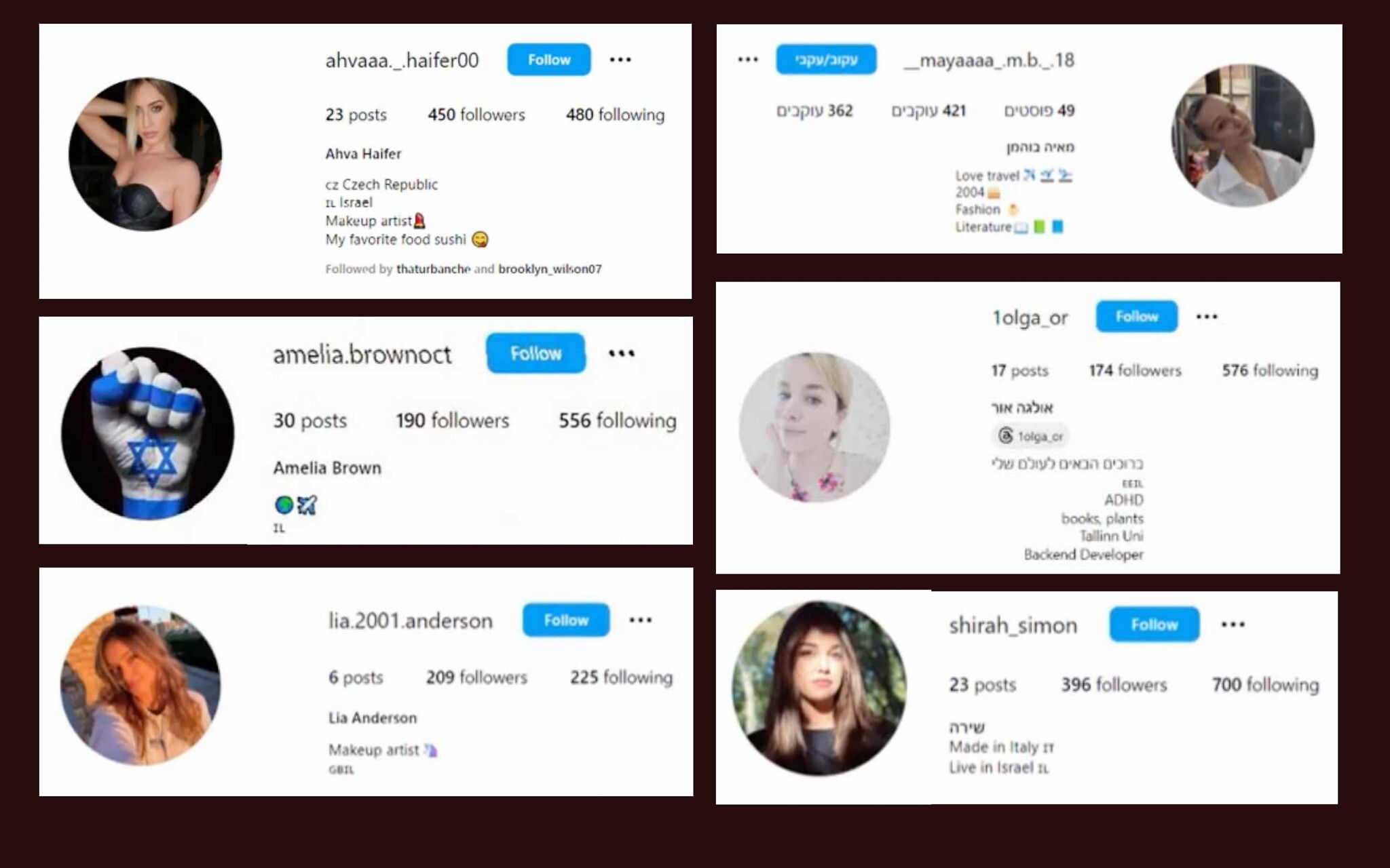 Several fake Instagram profiles the IDF says were used in attempts to obtain information from soldiers for the Iran-backed Hamas militant group (November 2, 2023) 