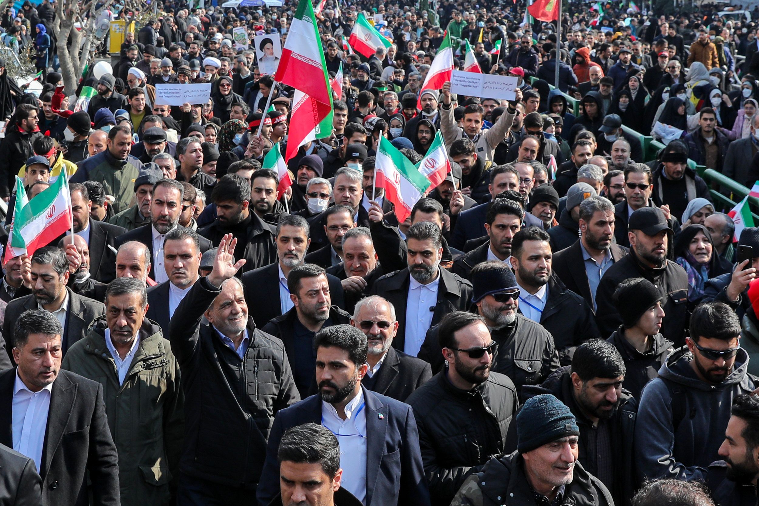 Iranian President Masoud Pezeshkian during rallies marking the anniversary of the 1979 Islamic Revolution in Iran, February 10, 2024  