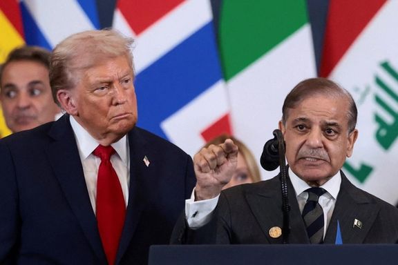 US President Donald Trump looks at Pakistan's Prime Minister Shehbaz Sharif speaking following the official signing of the first phase of the Gaza ceasefire agreement between Israel and Hamas, during a world leaders' summit on ending the Gaza war, in Sharm El-Sheikh, Egypt, October 13, 2025.
