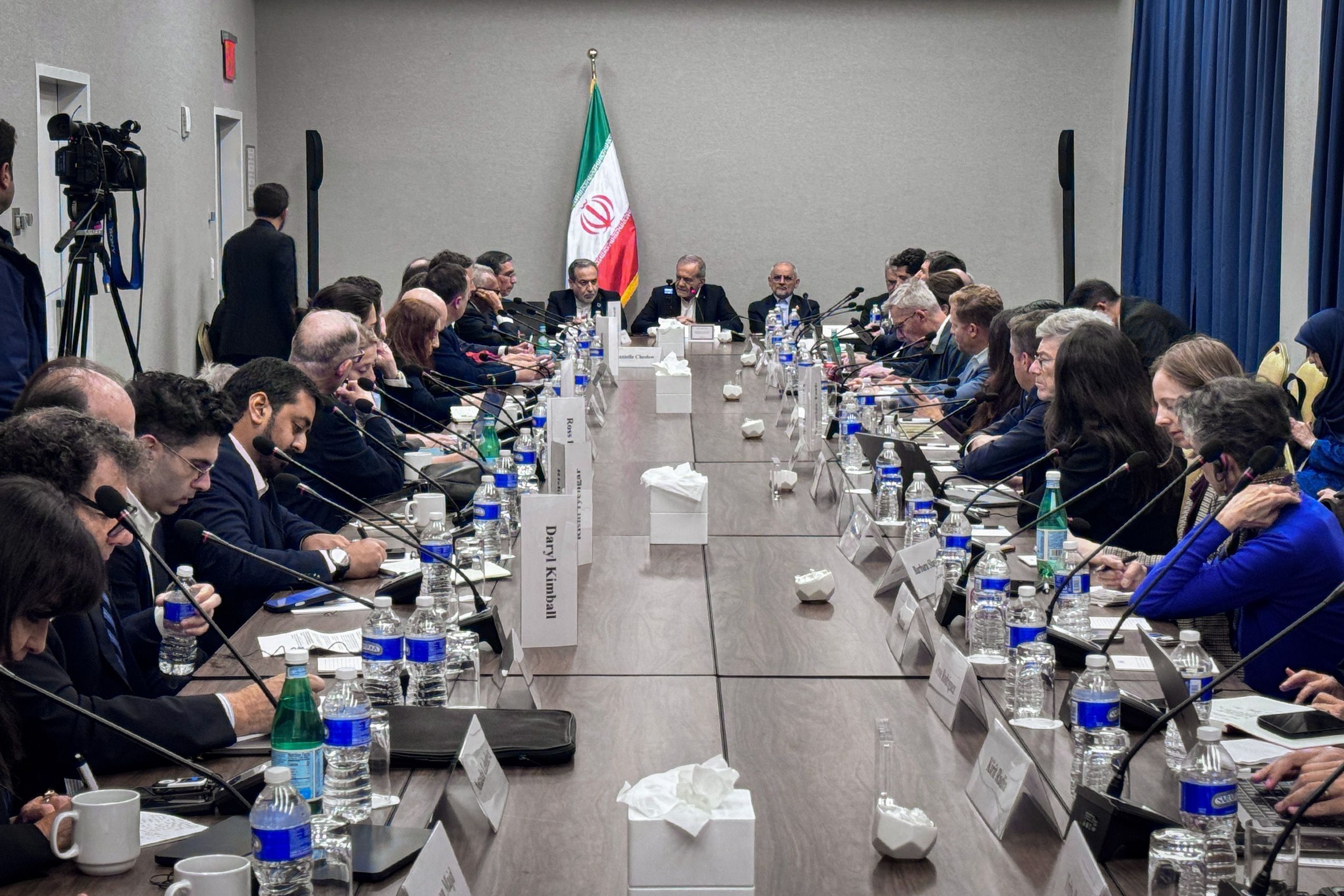 Iranian President Masoud Pezeshkian and Foreign Minister Abbas Araghchi hold a meeting on the sidelines of the UN General Assembly in New York on September 24, 2026.