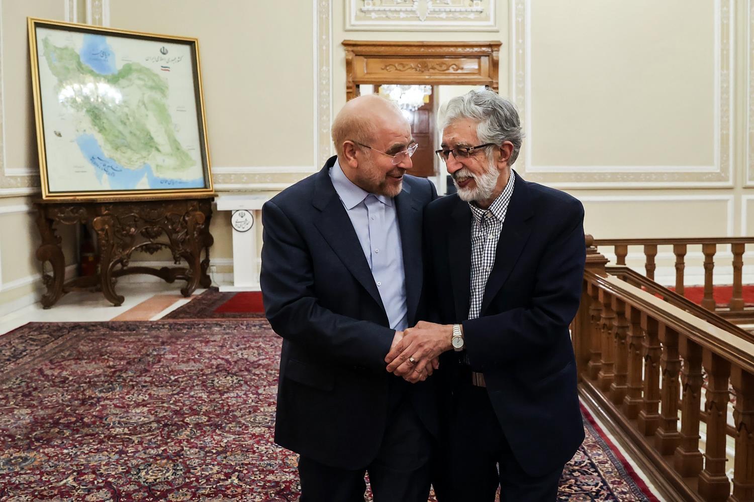 Parliament Speaker Mohammad Bagher Ghalibaf (left) and former speaker Gholam-Ali Haddad-Adel (March 2023) 