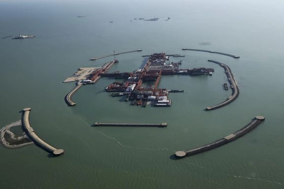 An aerial view of the artificial islands at the Kashagan offshore oilfield in the Caspian sea in western Kazakhstan, October 16, 2013