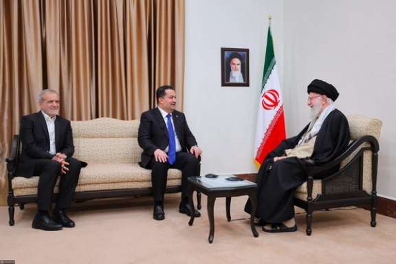 Iran's Supreme Leader Ali Khamenei (right), Iraqi Prime Minister Mohammed Shia' Al Sudani and Iranian President Masoud Pezeshkian (right)