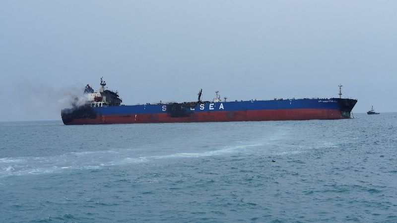 A foreign tanker carrying Iraqi fuel oil damaged after catching fire in Iraq's territorial waters, following unidentified attacks that targeted two foreign tankers, according to Iraqi port officials, near Basra, Iraq, March 12, 2026.