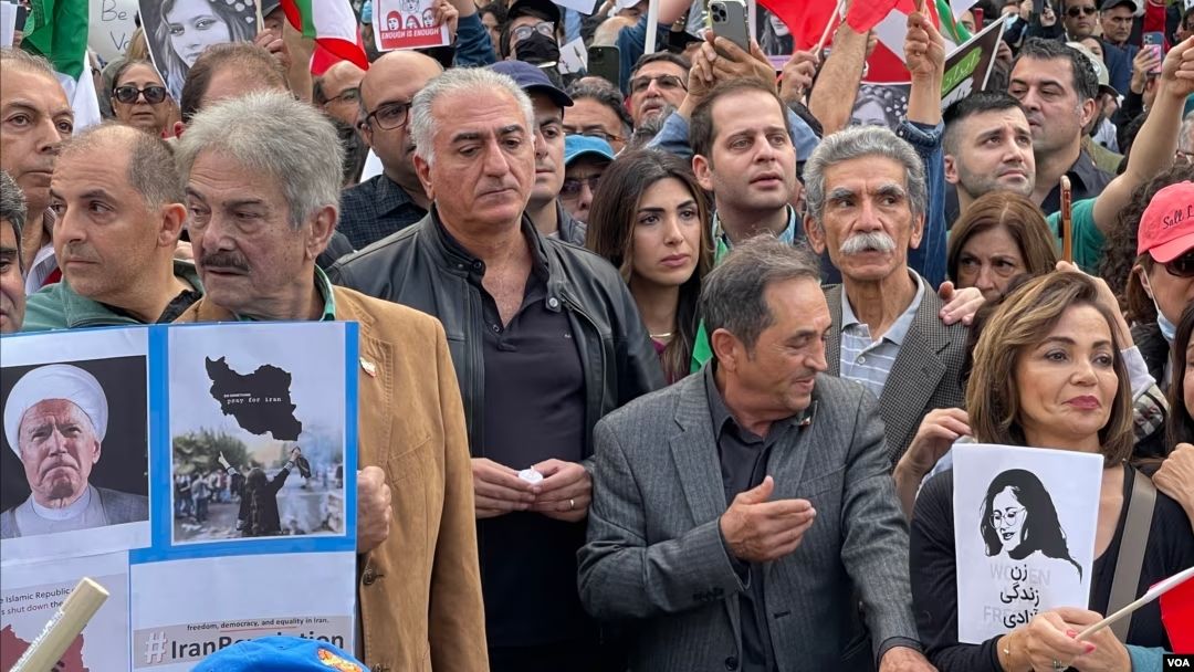 Iran’s exiled prince Reza Pahlavi, who has become a leading opposition figure since the start of Women, Life, Liberty movement, during a rally against the Islamic Republic in Washington in 2022 