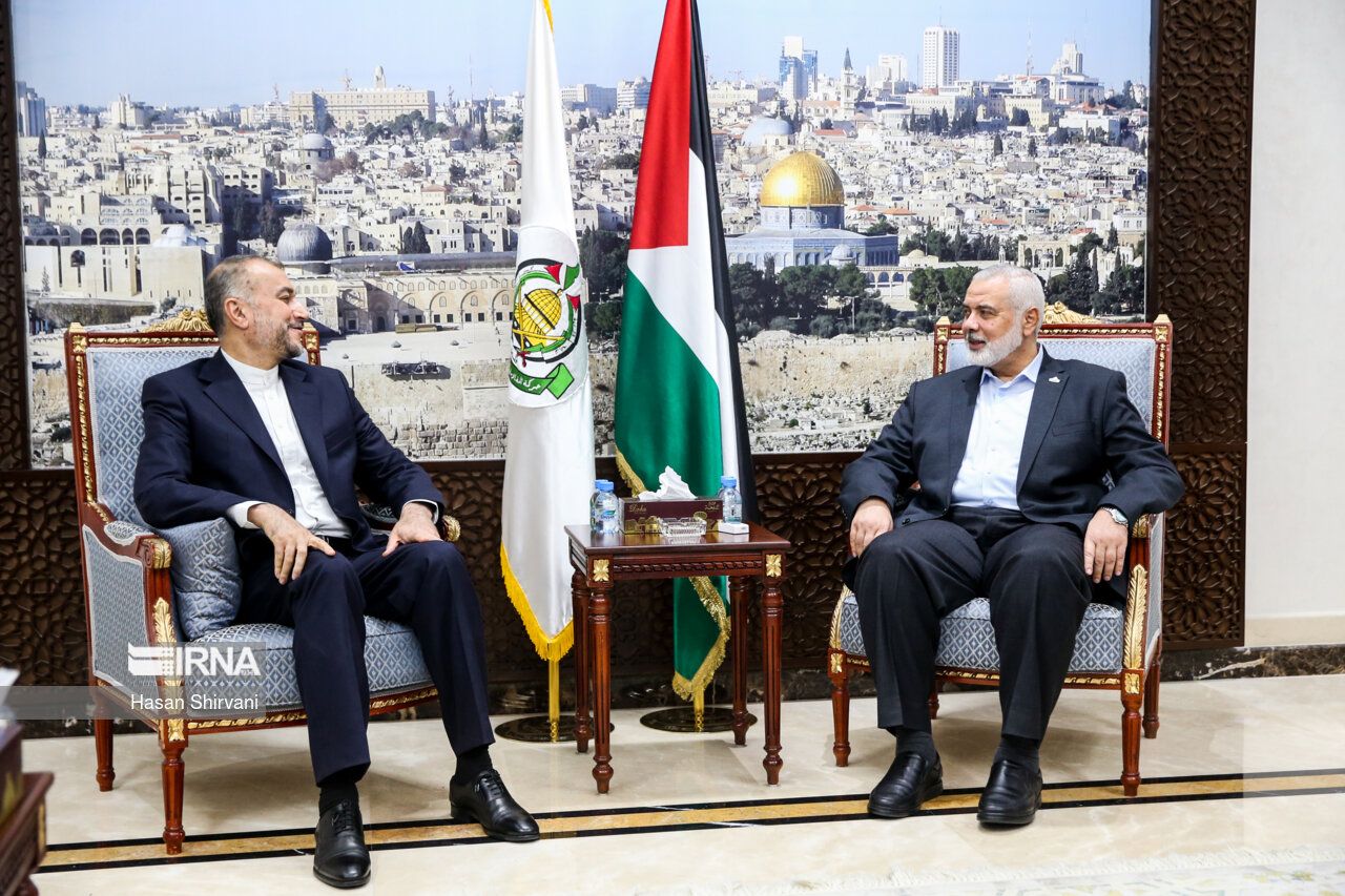 Hamas leader Ismail Haniyeh and Iranian Foreign Minister Hossein Amir-Abdollahian in Qatar on October 14, 2023  