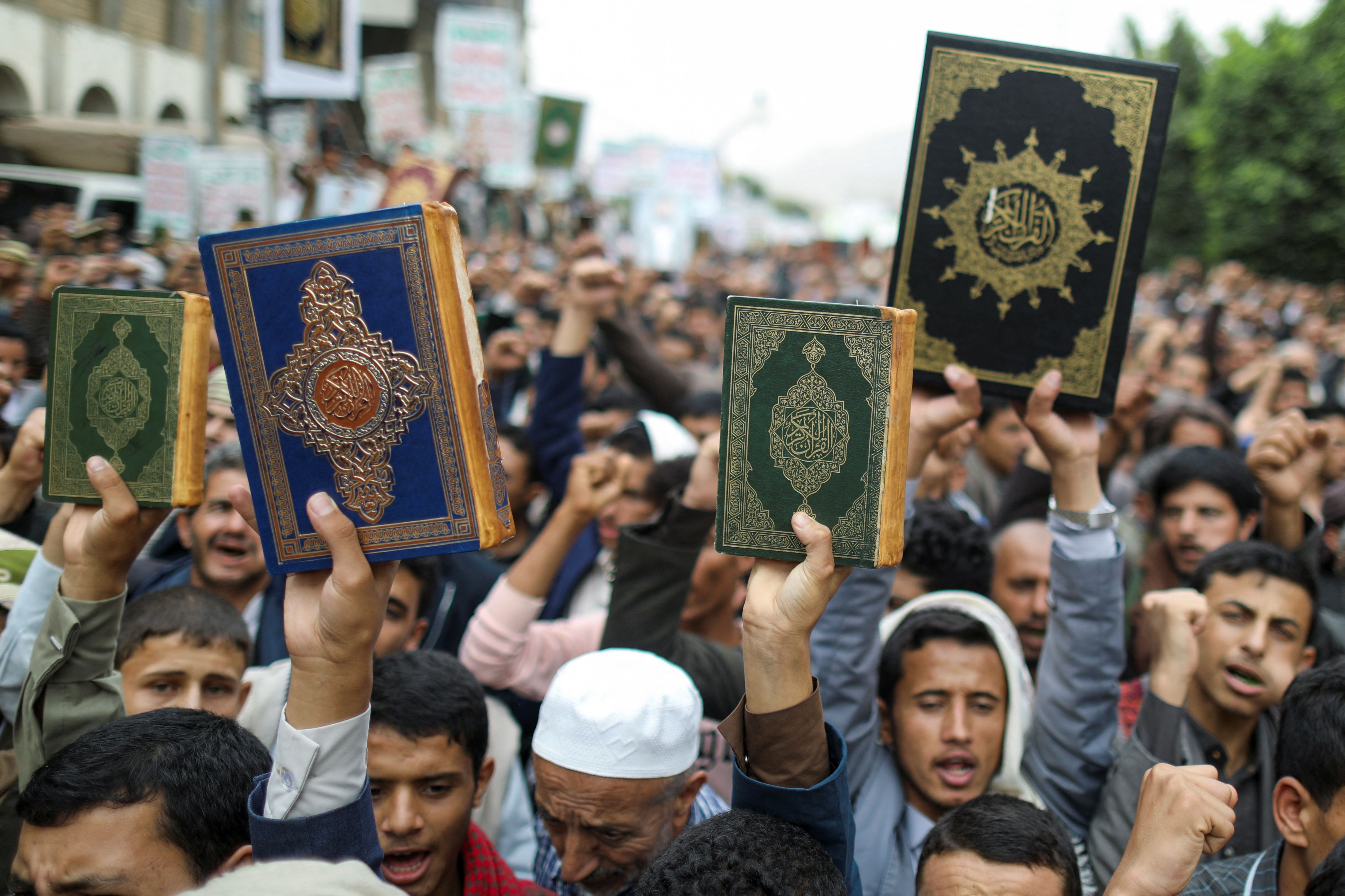 People demonstrate against the desecration of the Koran in Denmark, in Sanaa, Yemen July 24, 2023. 