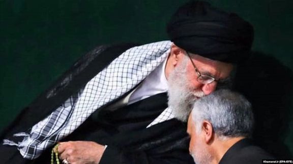 Iran's Supreme Leader Ali Khamenei showing his appreciation to former Quds Force commander Qasem Soleimani. Undated