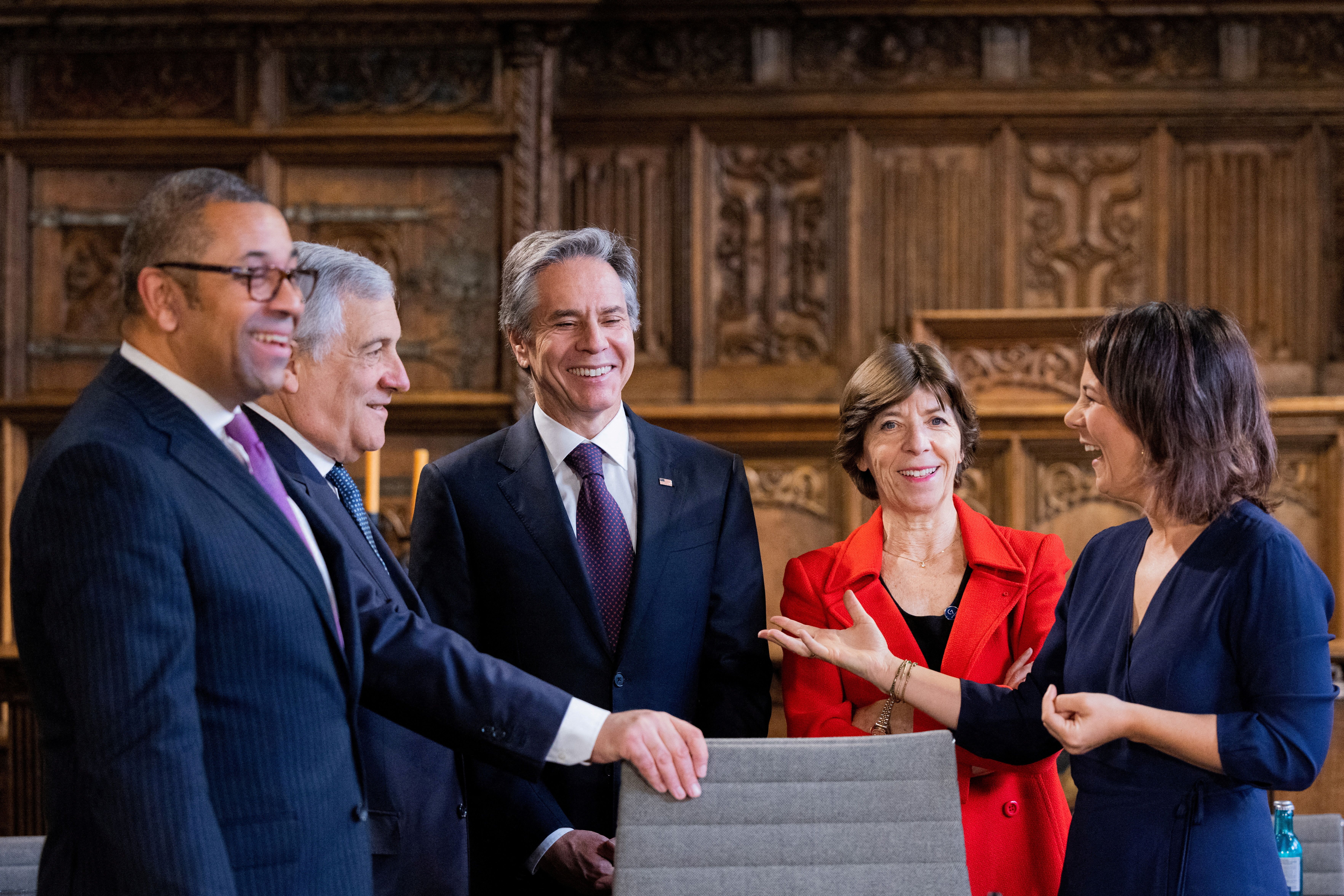 German Foreign Minister Annalena Baerbock, British Foreign Secretary James Cleverly, Italy's Foreign Affairs Minister Antonio Tajani, U.S. Secretary of State Antony Blinken and French Foreign Minister Catherine Colonna attend a working session during the meeting of the G7 Foreign Ministers as part of the German G7 Executive Committee, at the City Hall in Muenster, Germany November 4, 2022