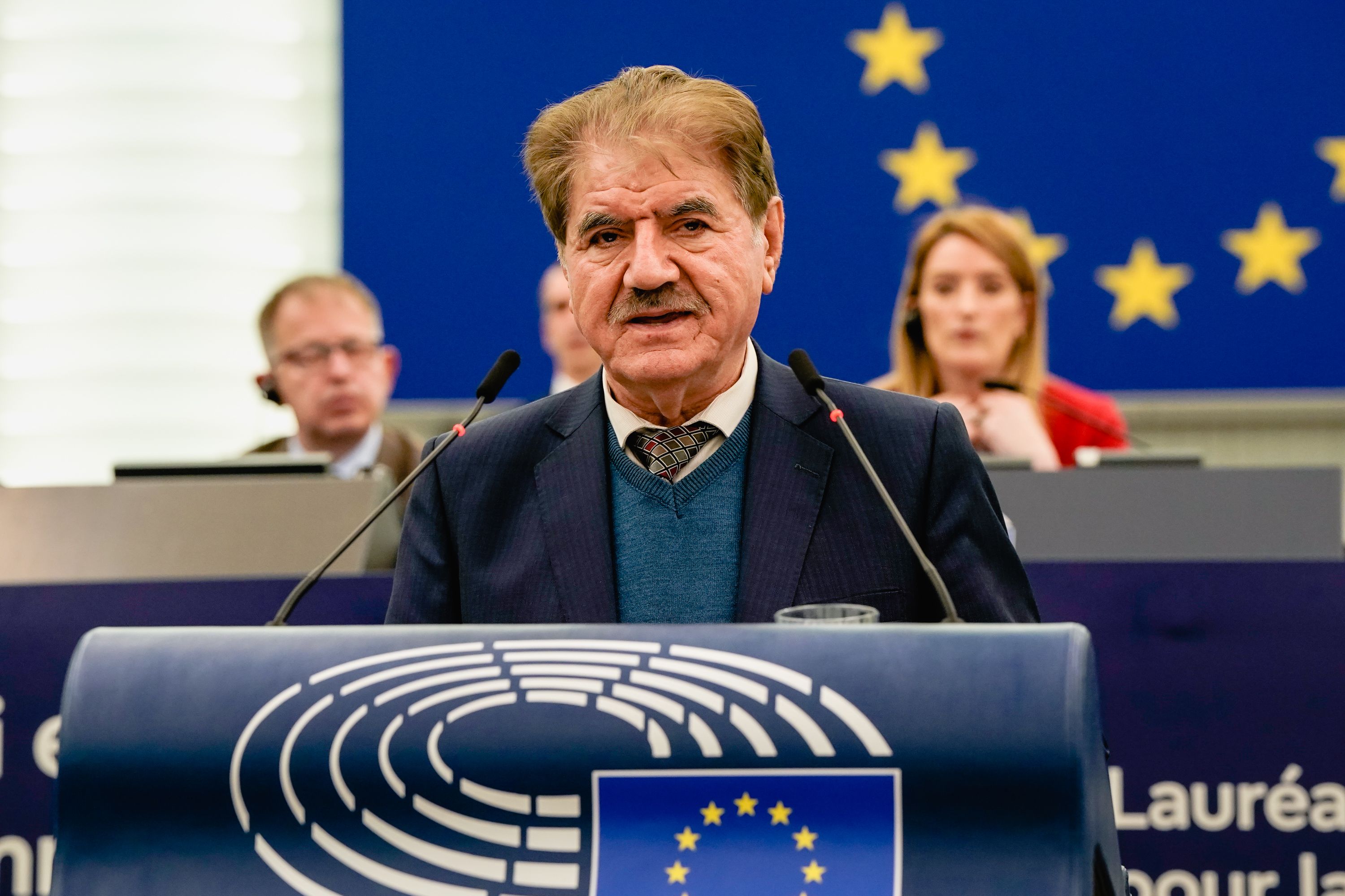Saleh Nikbakht, the lawyer representing Jina Mahsa Amini’s family, during a ceremony to receive the European parliament’s 2023 Sakharov Prize for Freedom of Thought, which was awarded to Mahsa Amini  (December 2023)