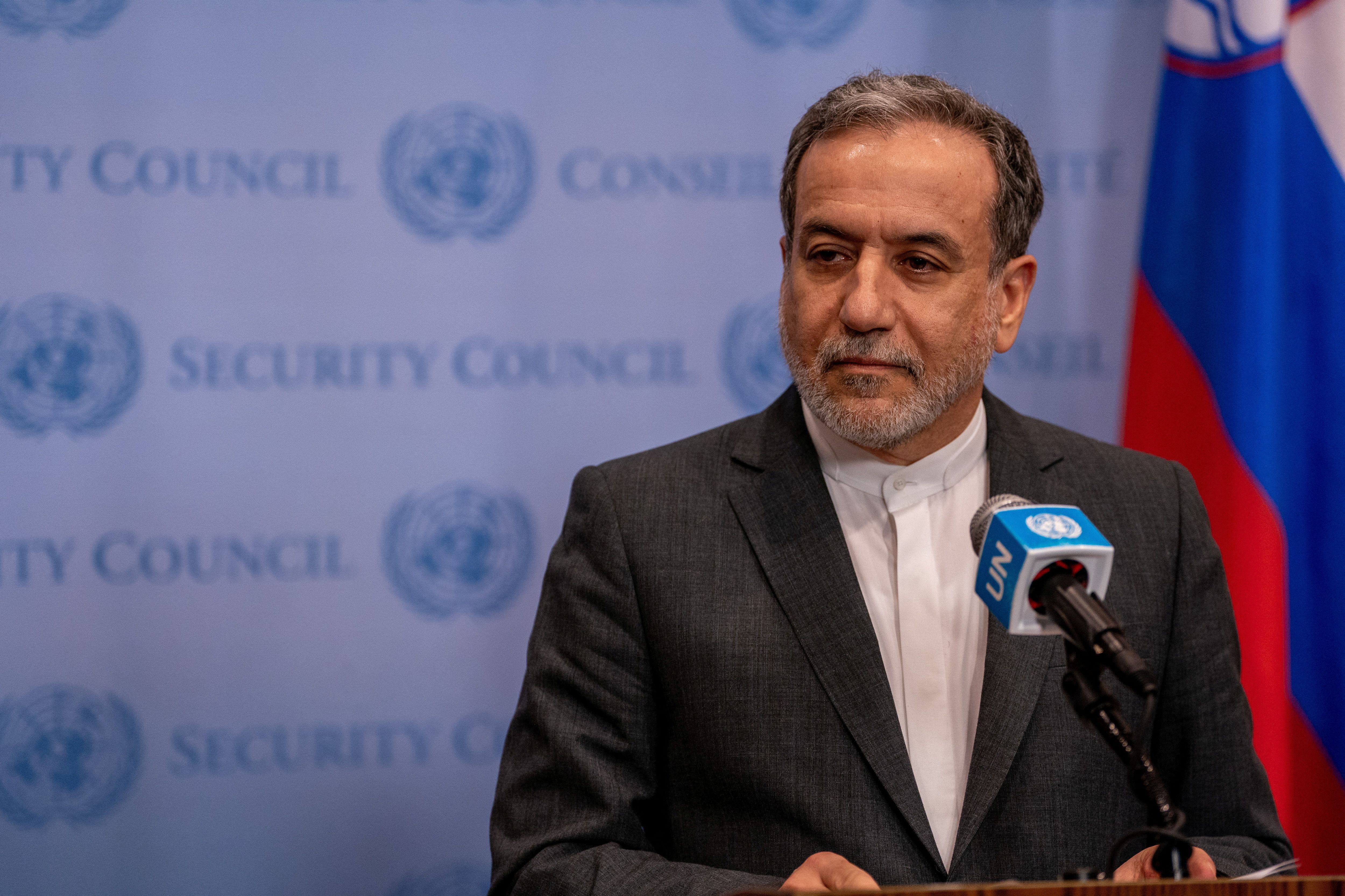 Minister of Foreign Affairs of Iran Abbas Araghchi speaks to the media at the UN headquarters in New York City, US, September 25, 2024.