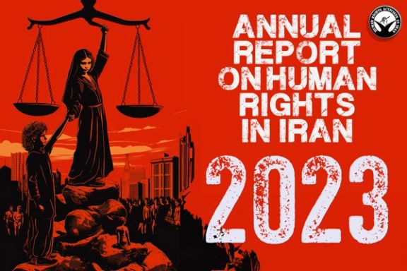 A poster by HRANA on Iran's human rights violations in 2023
