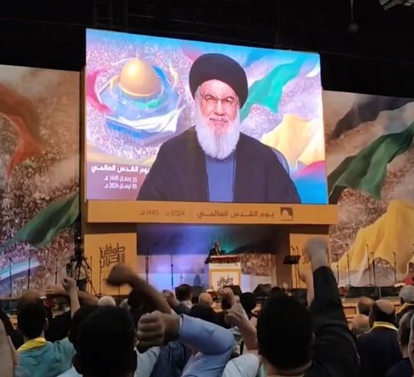 پخش ویدیو سخنرانی حسن نصرالله در مراسم حزب‌الله لبنان برای کشته‌شدگان حمله اسرائیل به کنسولگری جمهوری اسلامی در دمشق