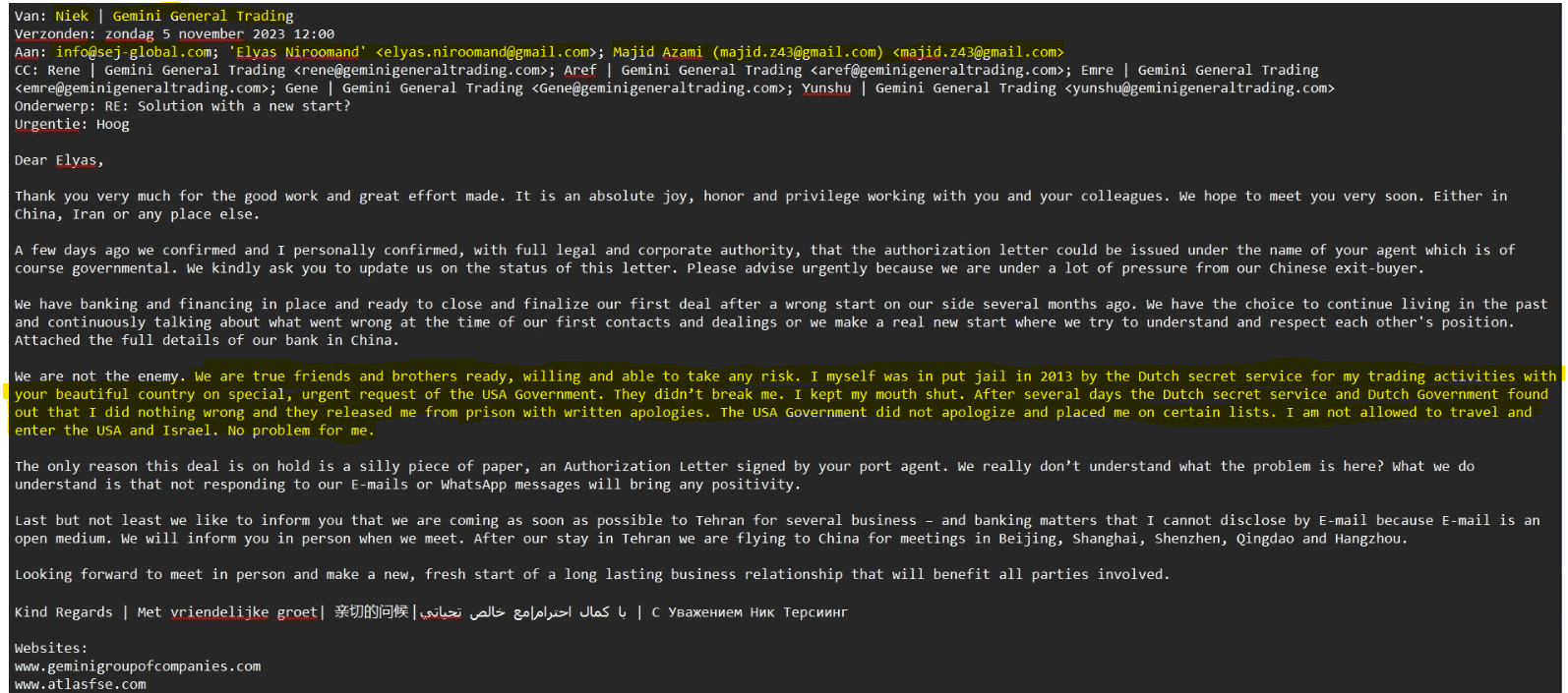 ایمیل ترستیگ به نیرومند و اعظمی درباره مشکلات پیش آمده برای او در سال ۲۰۱۳ به دلیل ارتباط با ایران